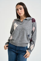 Polo donna in maglia a rombi grigio mélange D82468 GRIGIO MOTEL 