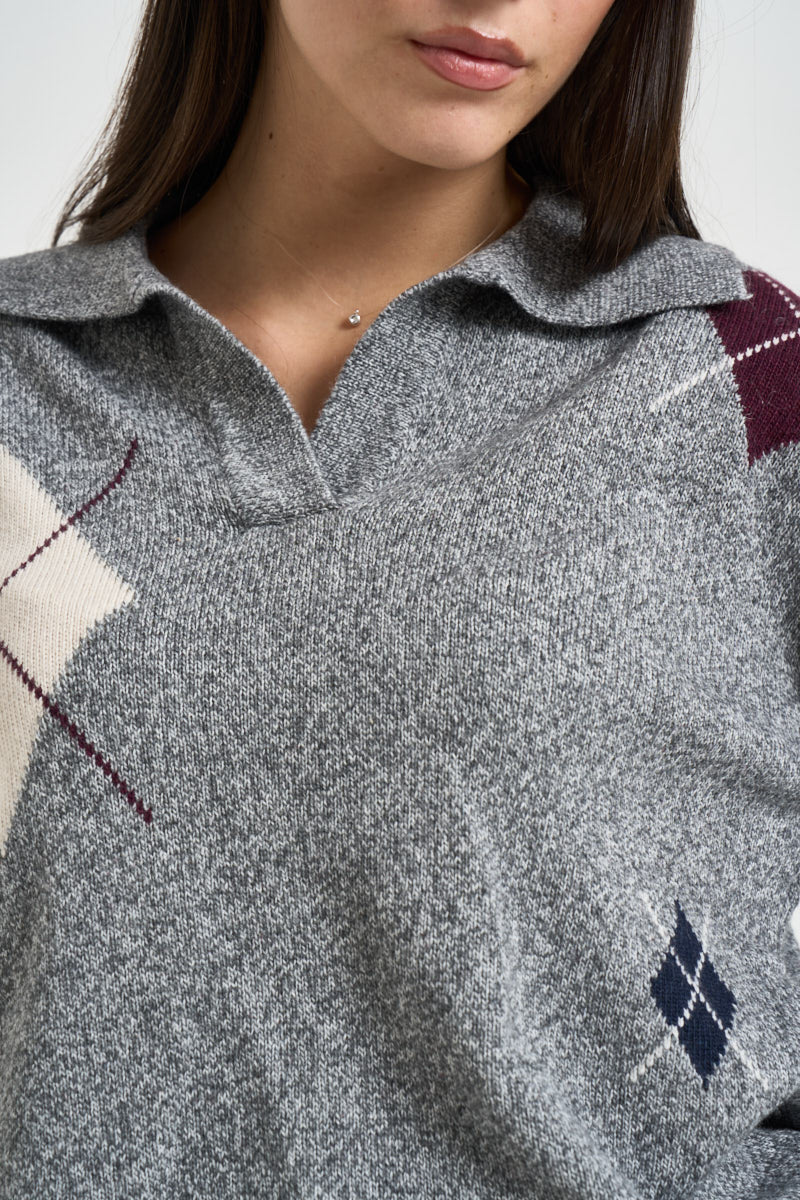 Polo donna in maglia a rombi grigio mélange D82468 GRIGIO MOTEL 