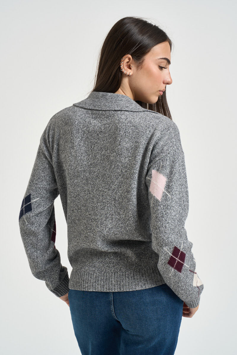 Polo donna in maglia a rombi grigio mélange D82468 GRIGIO MOTEL 
