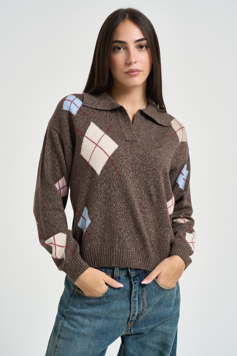 Polo donna in maglia a rombi marrone D82468 MORO MOTEL 