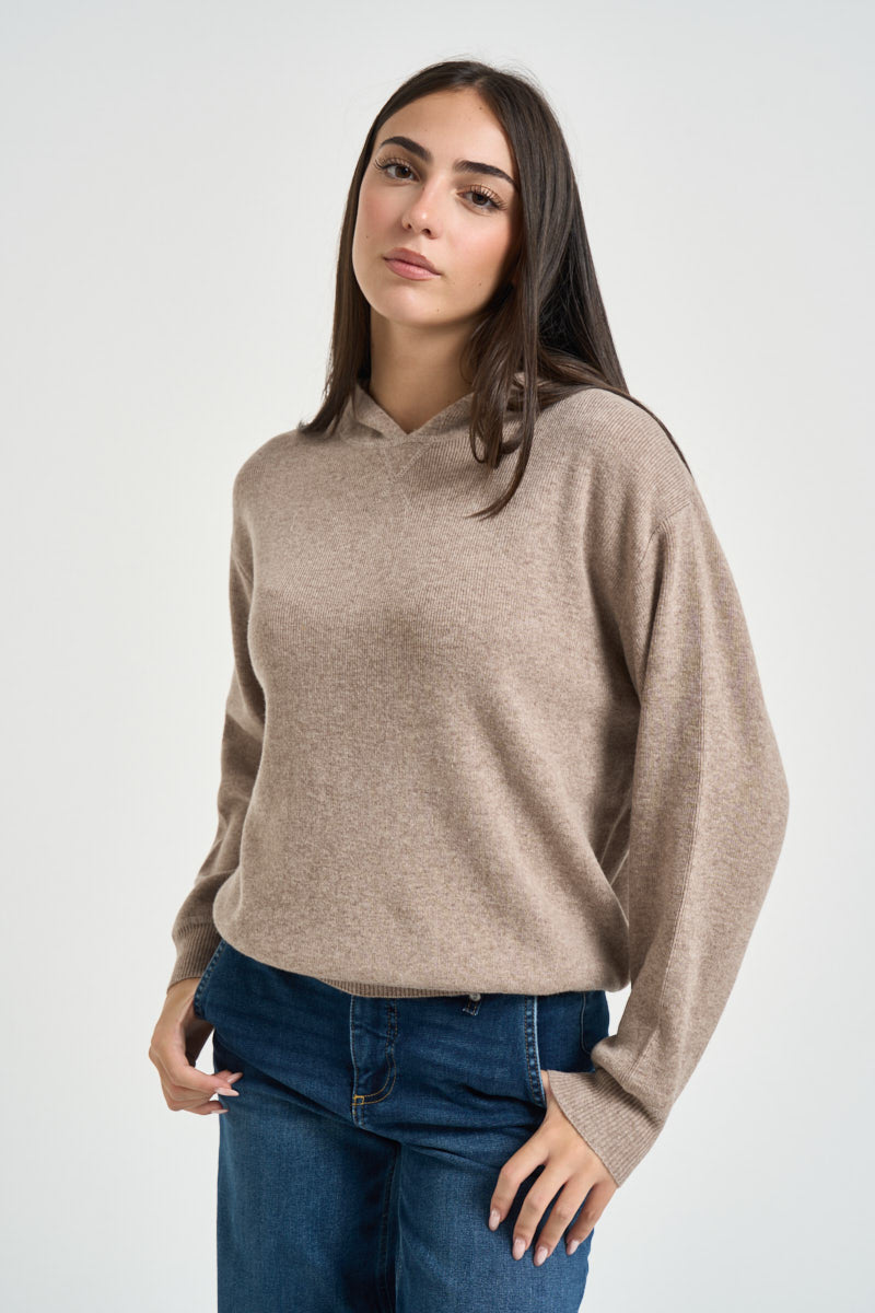 Felpa donna in maglia con cappuccio beige WL1732 BEIGE MOTEL 