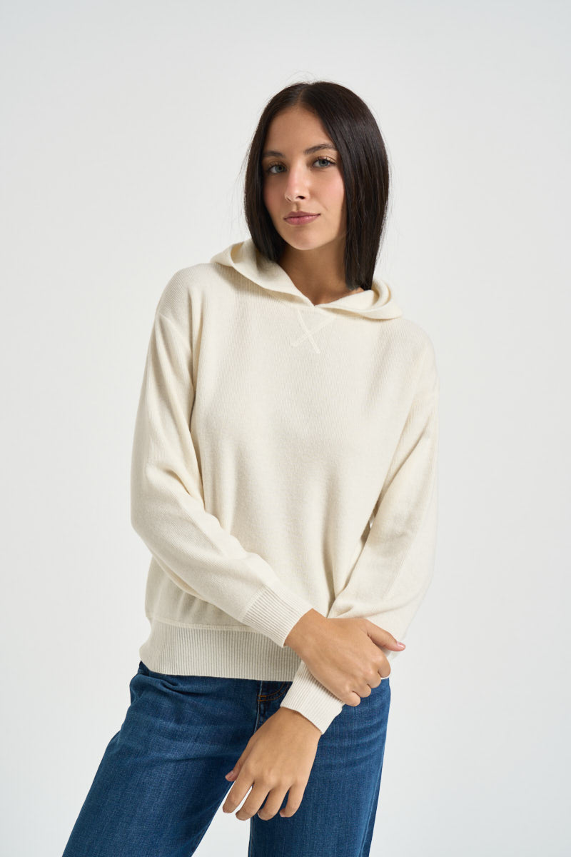 Felpa donna in maglia con cappuccio panna WL1732 PANNA MOTEL 