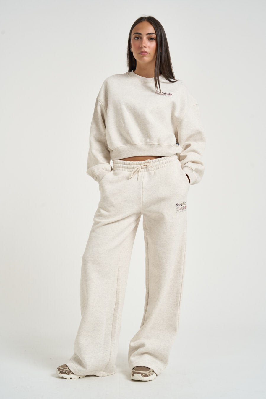 Felpa donna cropped panna mèlange WT62T7 LIT NEW BALANCE 