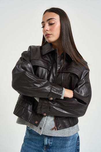 Giacca donna in ecolpelle marrone scuro - 4