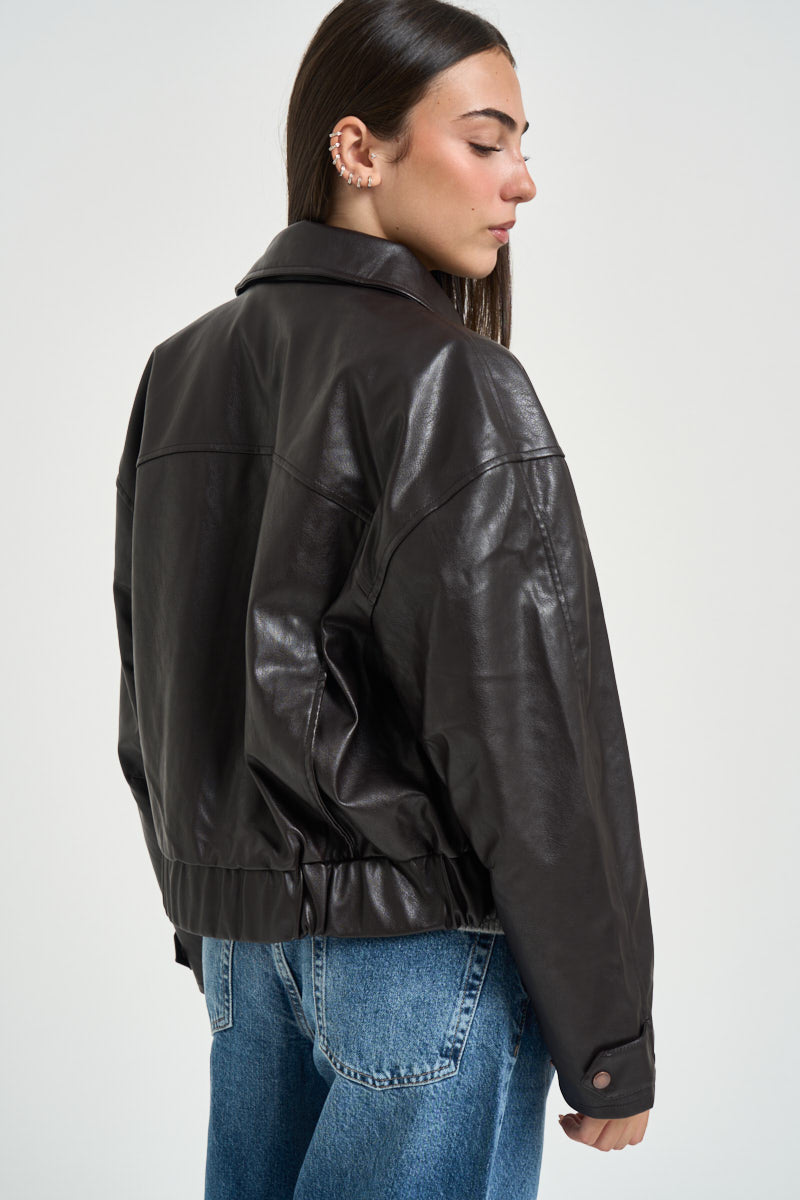 Giacca donna in ecolpelle marrone scuro 15373701 CHOCOLATE PLUME ONLY 