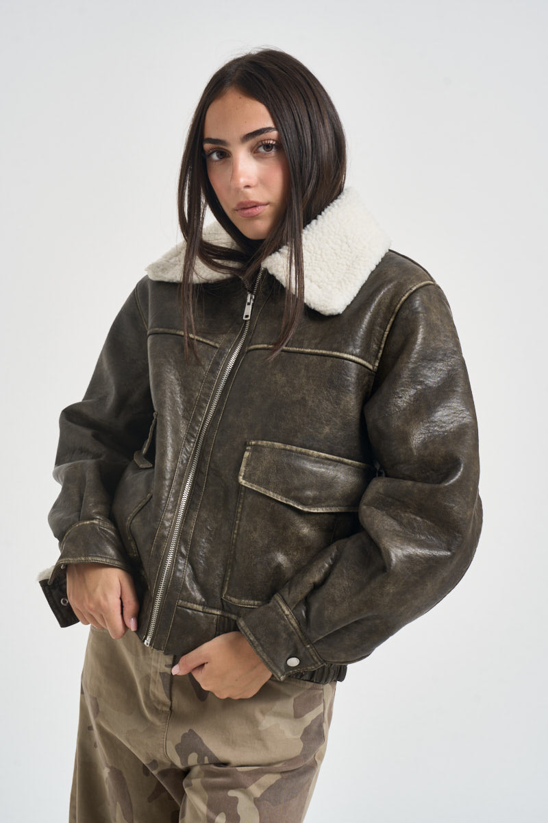 Giubbotto donna marrone scuro effetto vintage 15373704 CHOCOLATE ONLY 