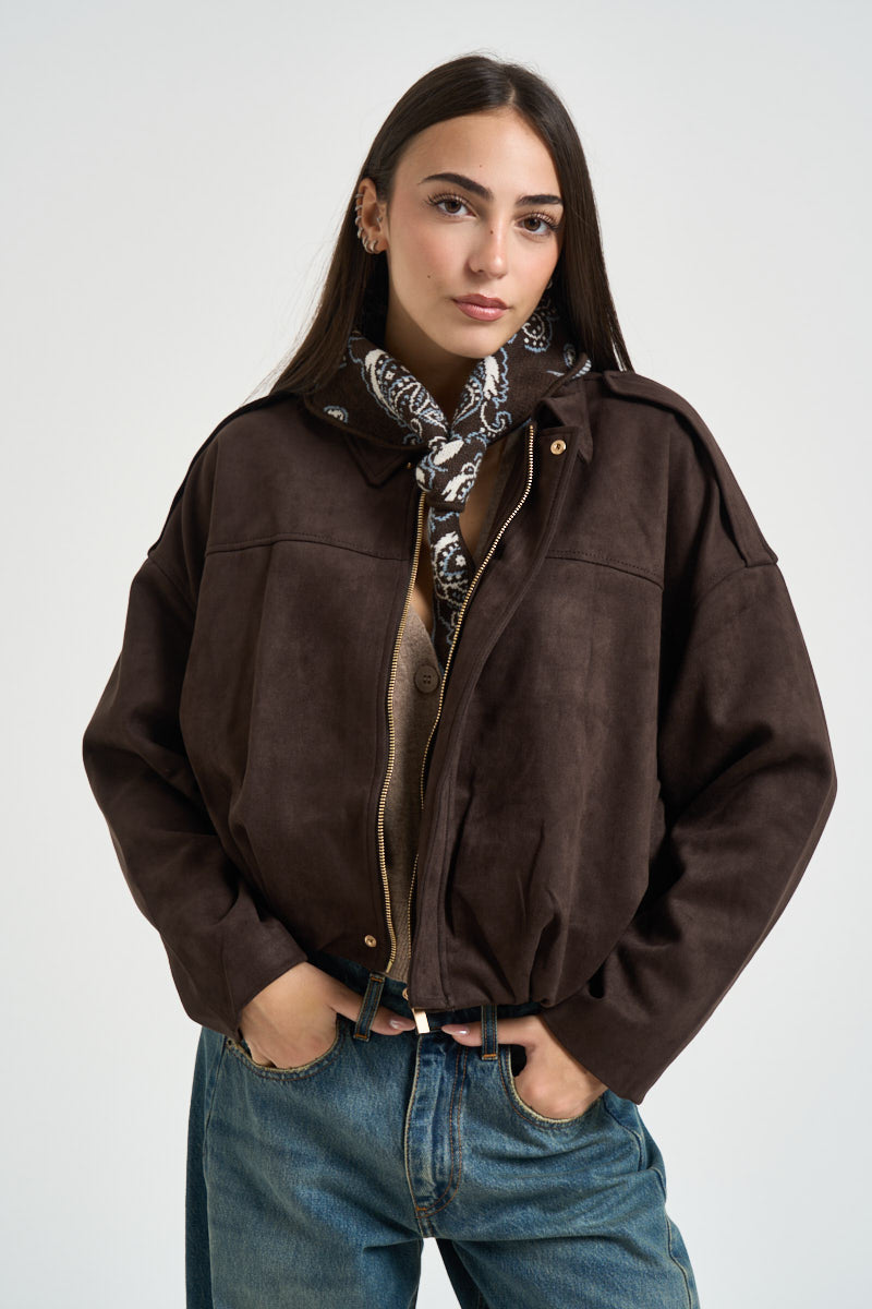 Giacca donna corta in suede moro 15381024 CHOCOLATE TOART ONLY 