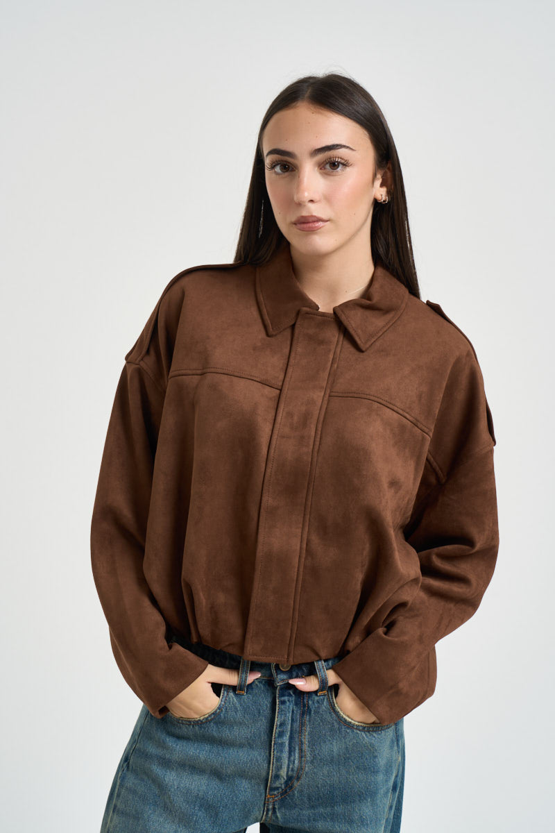 Giacca donna corta in suede marrone 15381024 SOFT SILT ONLY 