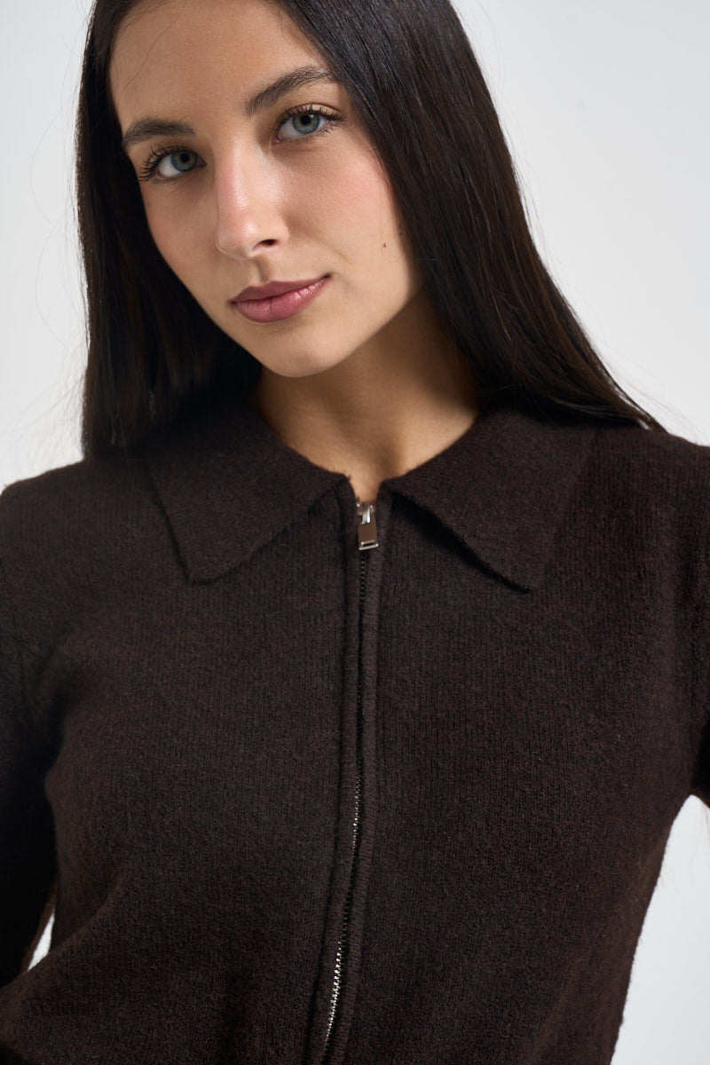 Cardigan donna con colletto e zip marrone 15382508 COFFEE BEAN ONLY 