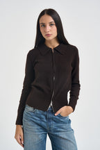 Cardigan donna con colletto e zip marrone 15382508 COFFEE BEAN ONLY 
