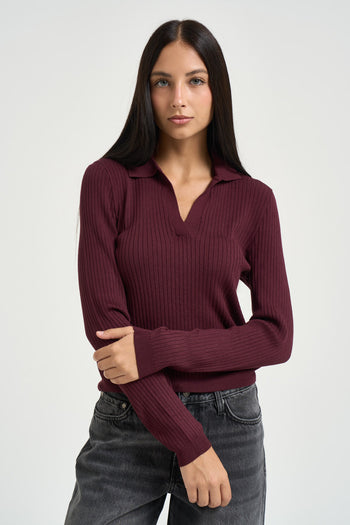 Polo donna a costine bordeaux - 3