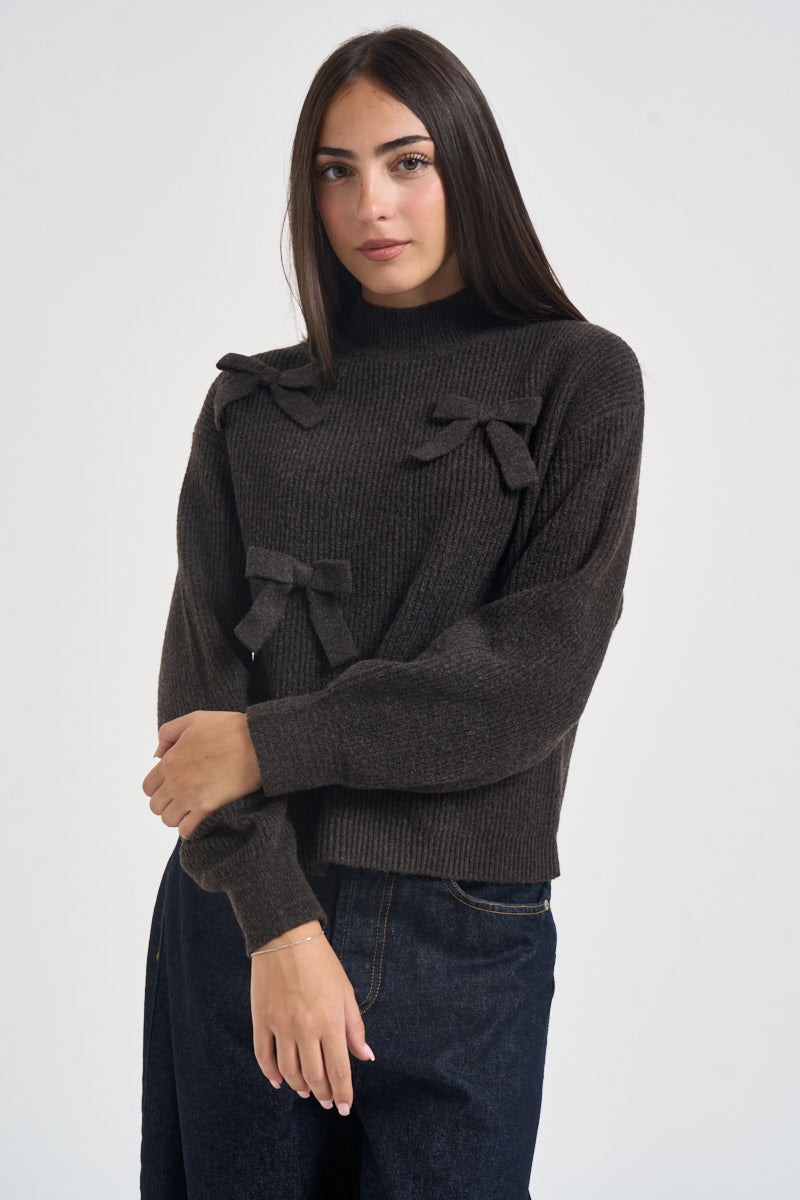 Maglia donna mezzo collo con fiocchi marrone scuro 15366920 COFFEE BEAN ONLY NOOS 