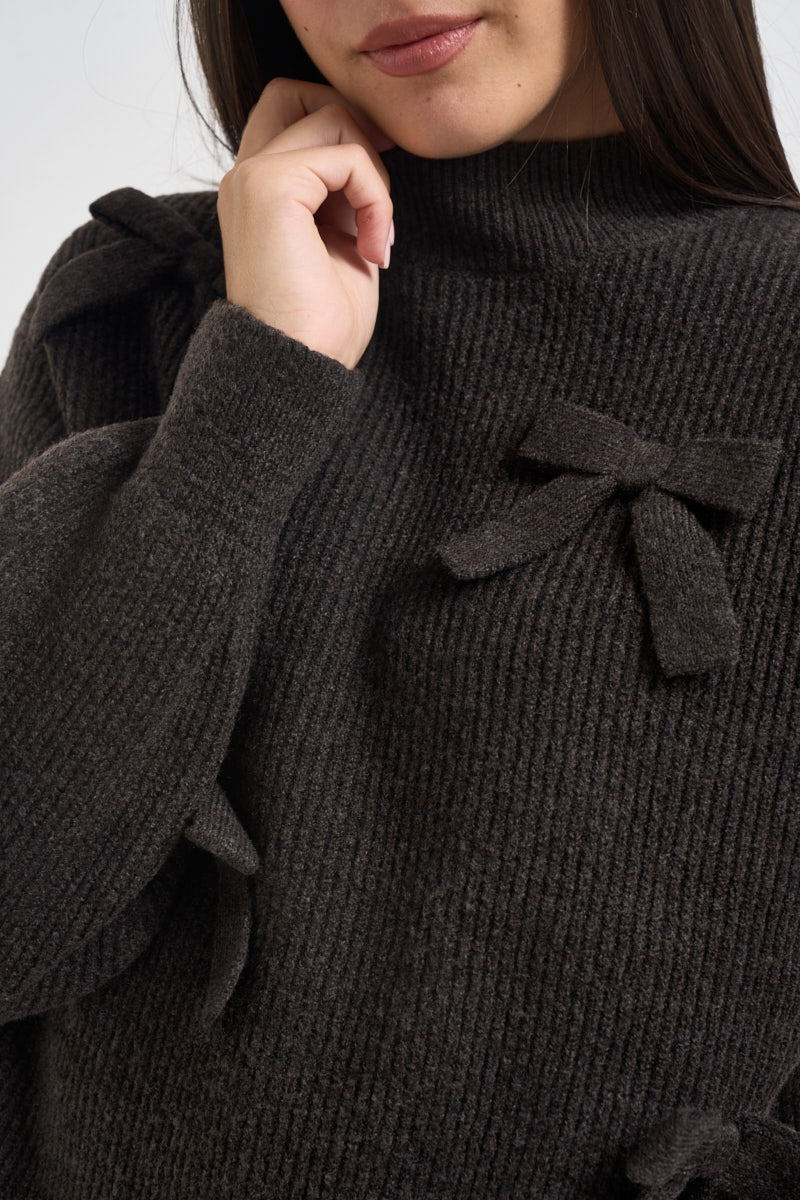 Maglia donna mezzo collo con fiocchi marrone scuro 15366920 COFFEE BEAN ONLY NOOS 