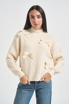 Maglia donna a mezzo collo con fiocchi panna 15366920 ECRU ONLY NOOS 