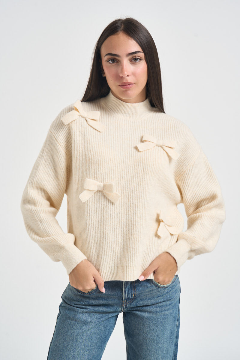 Maglia donna a mezzo collo con fiocchi panna 15366920 ECRU ONLY NOOS 
