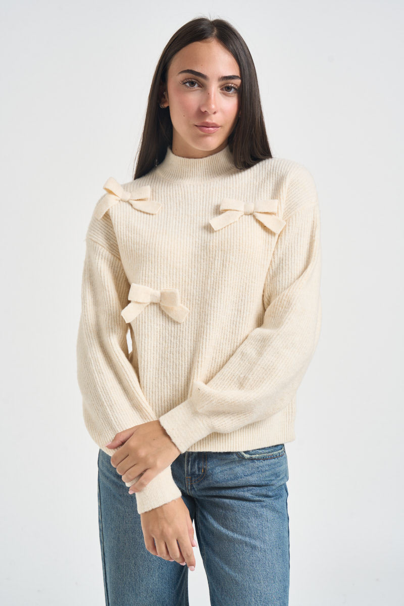 Maglia donna a mezzo collo con fiocchi panna 15366920 ECRU ONLY NOOS 