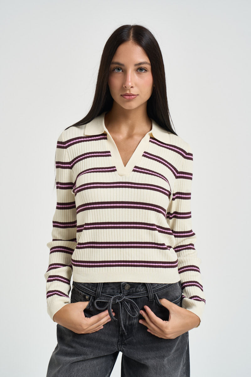 Polo donna con scollo a V a righe panna 15380052 BABYSBREATH ONLY NOOS 