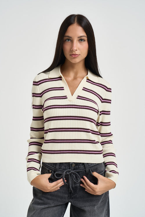 Polo donna con scollo a V a righe panna - 1
