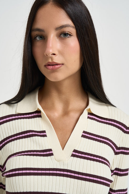 Polo donna con scollo a V a righe panna - 2