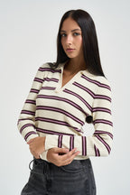 Polo donna con scollo a V a righe panna 15380052 BABYSBREATH ONLY NOOS 