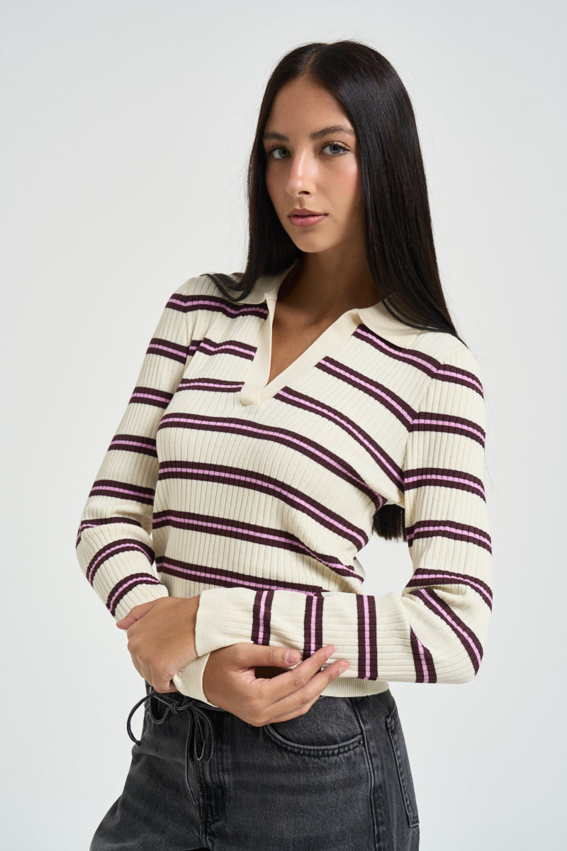 Polo donna con scollo a V a righe panna 15380052 BABYSBREATH ONLY NOOS 