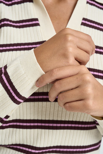 Polo donna con scollo a V a righe panna - 4