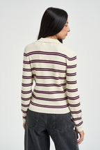 Polo donna con scollo a V a righe panna 15380052 BABYSBREATH ONLY NOOS 