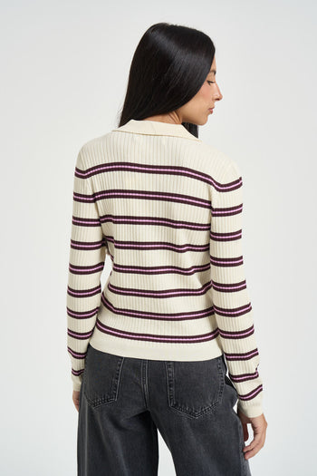 Polo donna con scollo a V a righe panna - 5