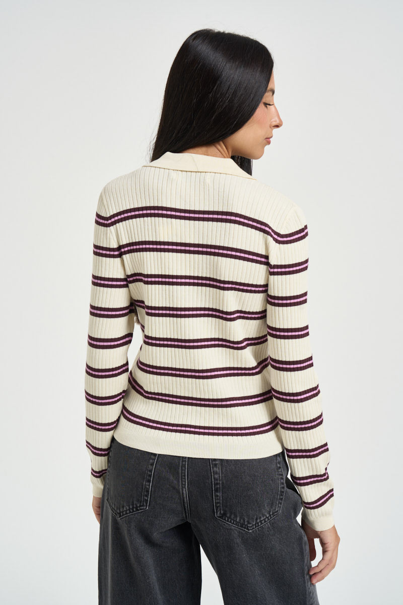 Polo donna con scollo a V a righe panna 15380052 BABYSBREATH ONLY NOOS 