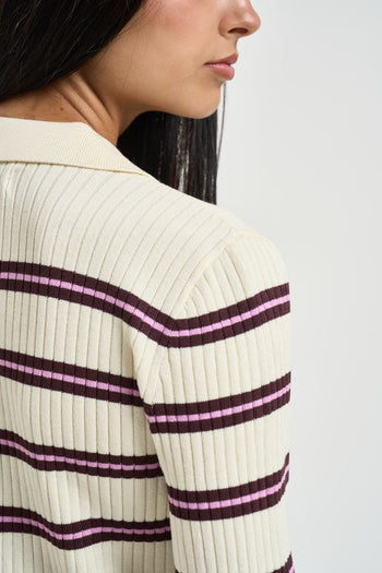 Polo donna con scollo a V a righe panna - 6