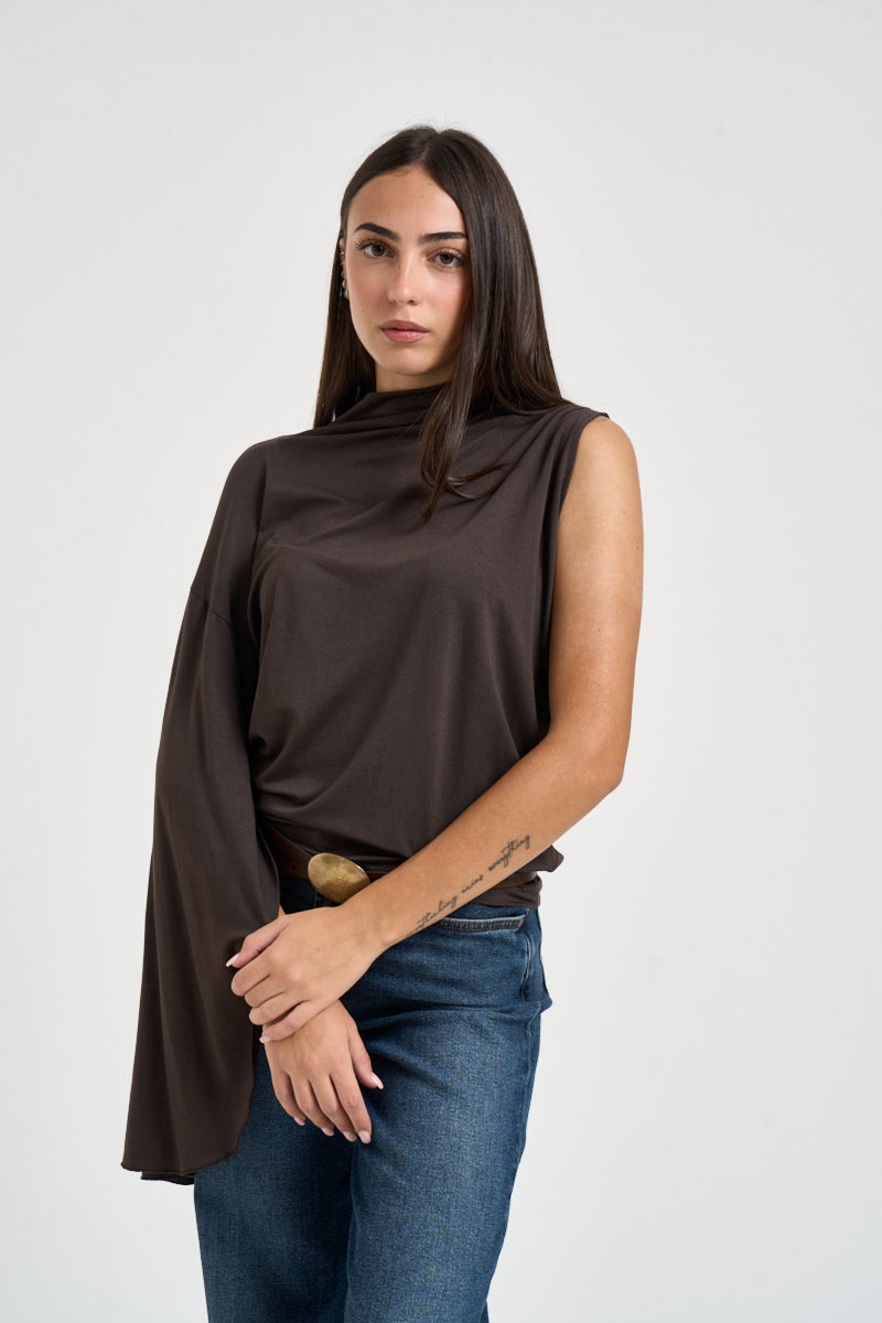 Blusa donna manica asimmetrica cioccolato B03L0424 MORO PHILIA LOFT 