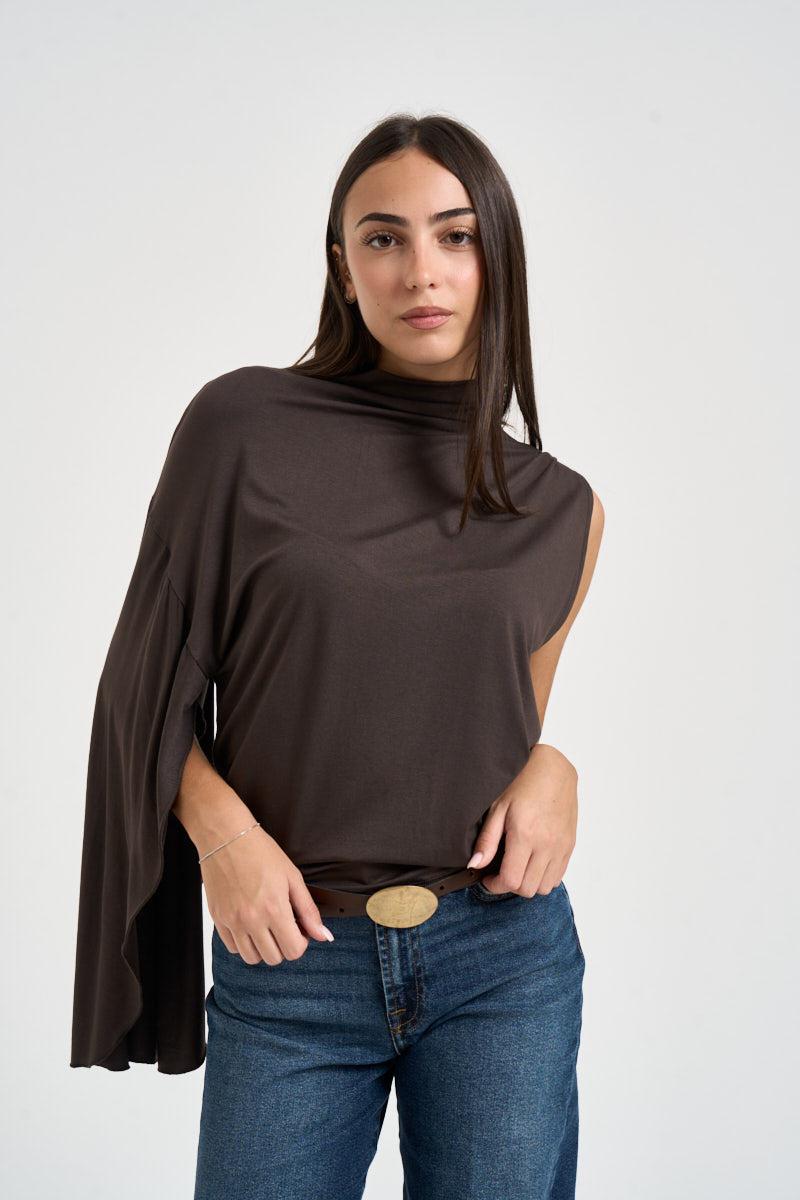 Blusa donna manica asimmetrica cioccolato B03L0424 MORO PHILIA LOFT 
