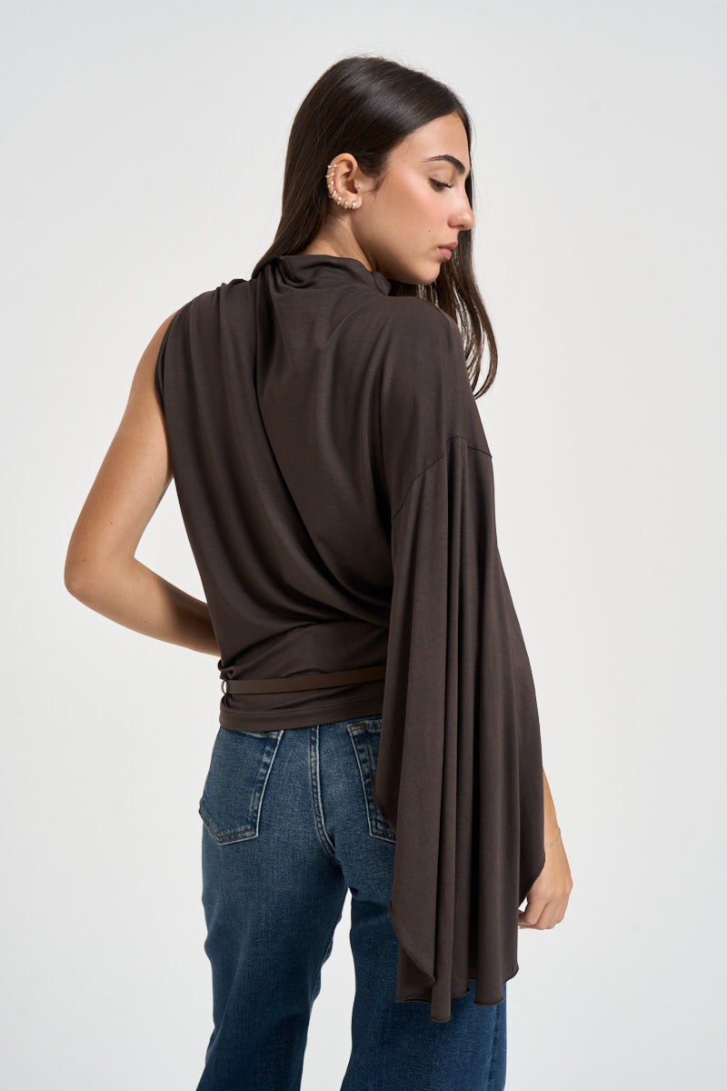 Blusa donna manica asimmetrica cioccolato B03L0424 MORO PHILIA LOFT 