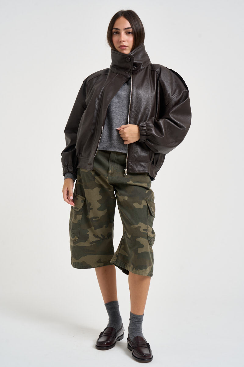Giacca donna corta in ecopelle marrone scuro P03P0130 MORO PHILIA LOFT 