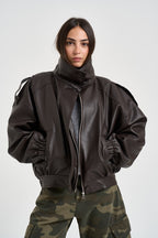 Giacca donna corta in ecopelle marrone scuro P03P0130 MORO PHILIA LOFT 