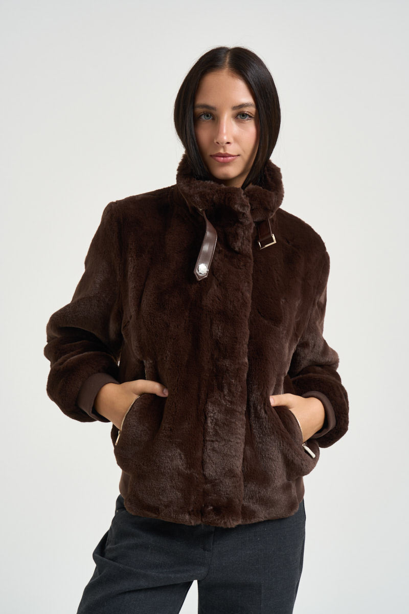 Giacca donna corta in ecopelliccia moro AMBRA COFFEROAST RINO & PELLE 