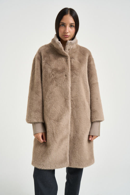 Cappotto donna midi in ecopelliccia beige
