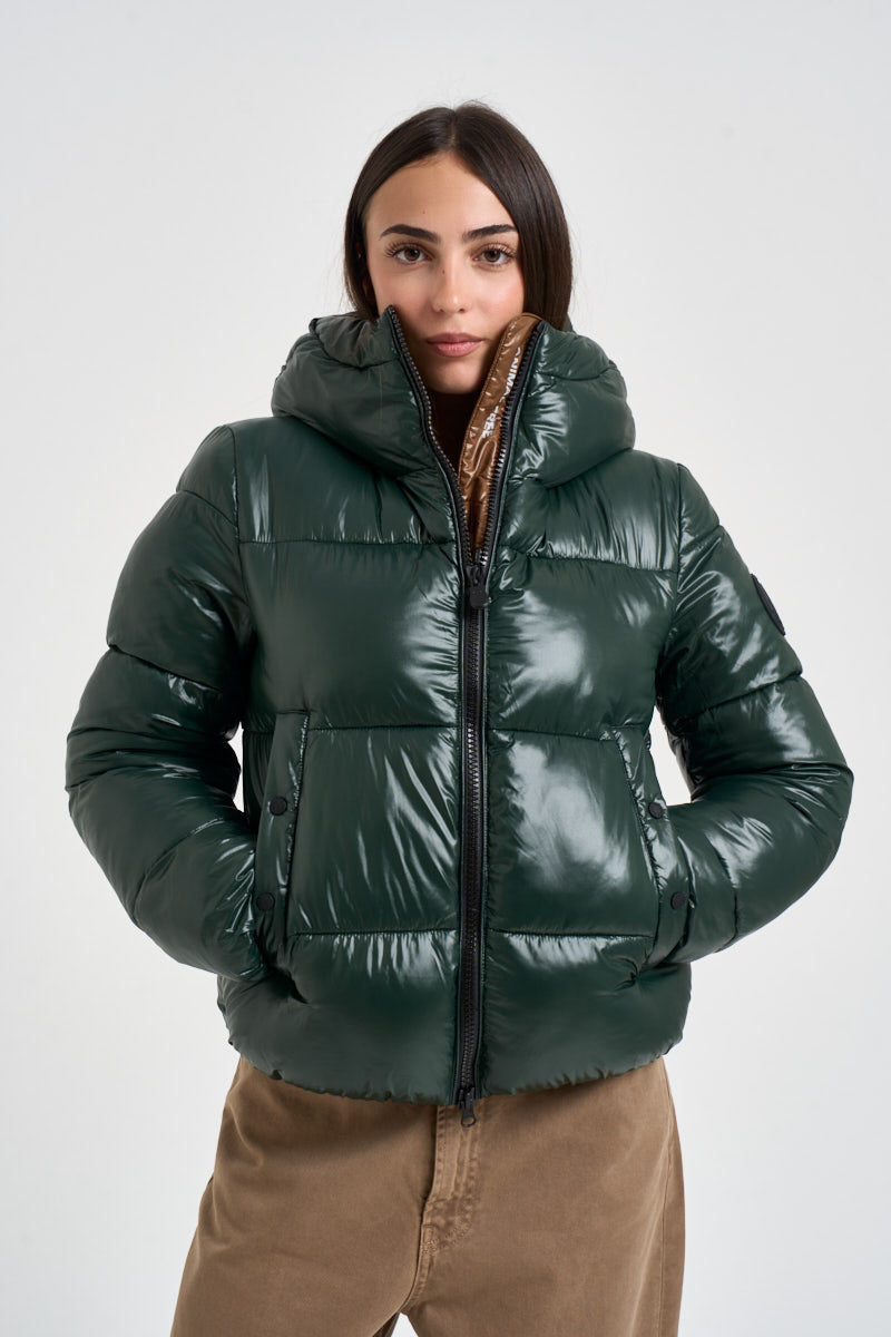 Piumino donna corto lucido verde scuro D31989W 50083 SAVE THE DUCK 