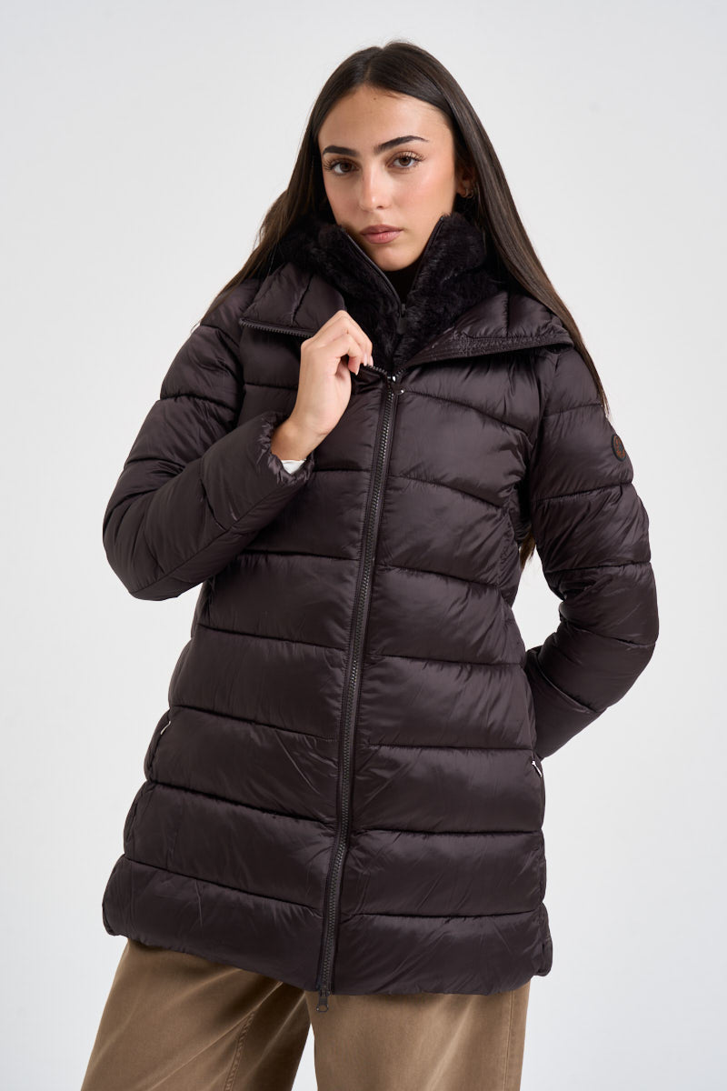 Piumino donna cappuccio in ecopelliccia marrone scuro D40280W 40009 SAVE THE DUCK 