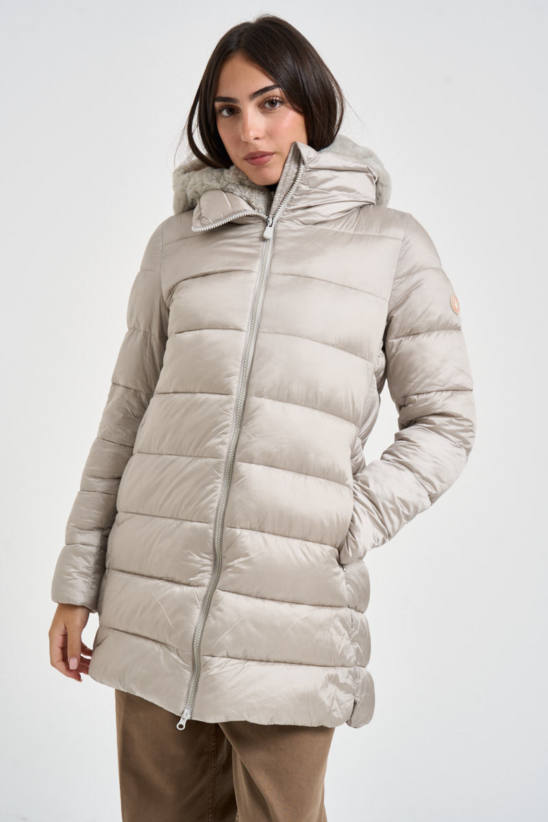Piumino donna cappuccio in ecopelliccia ghiaccio D40280W 40019 SAVE THE DUCK 
