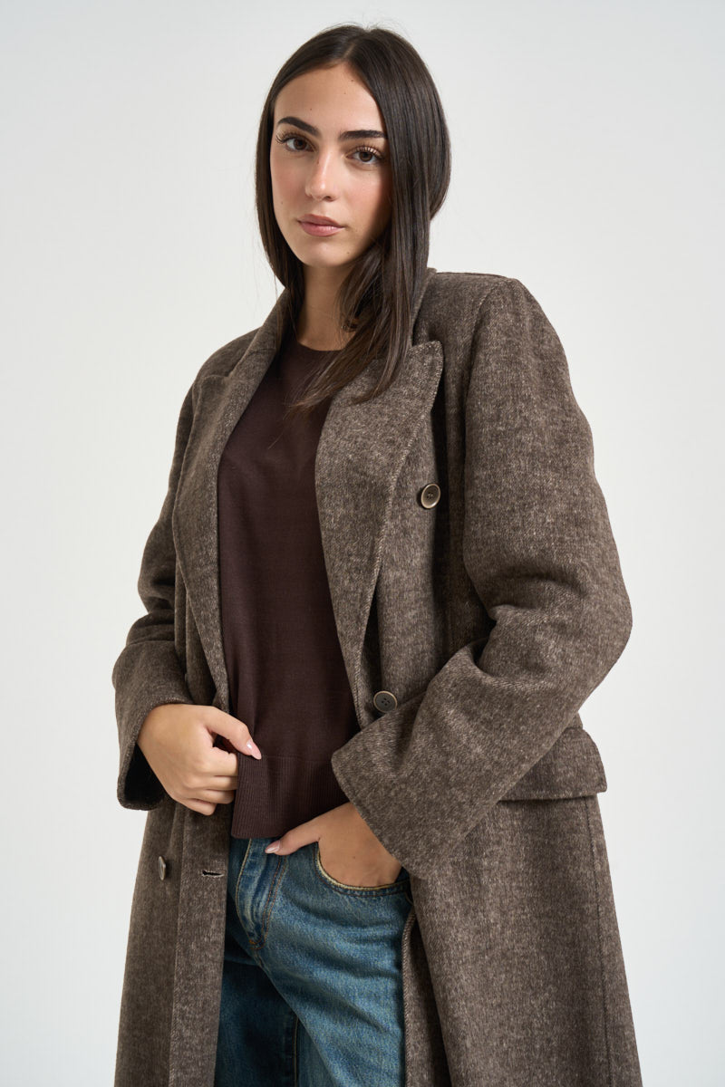 Cappotto donna lungo doppiopetto marrone melange CP0592 244 SEVENTY 