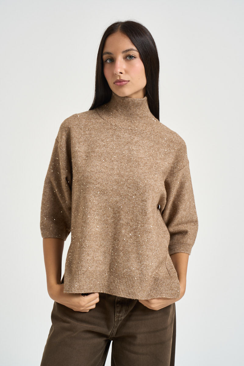 Maglia donna con paillettes sabbia MT4158 990376200 SEVENTY 