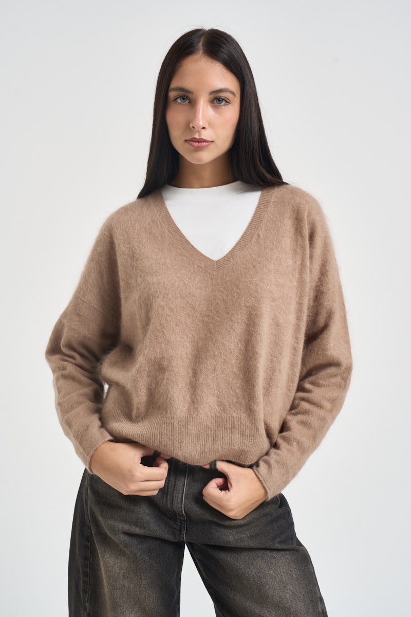 Maglia donna con scollo a V beige B40D0215 BEIGE SOUVENIR CLUBBING 