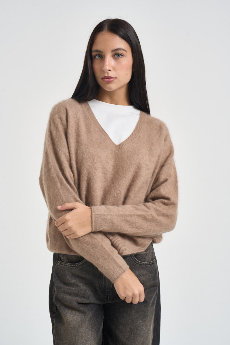 Maglia donna con scollo a V beige B40D0215 BEIGE SOUVENIR CLUBBING 
