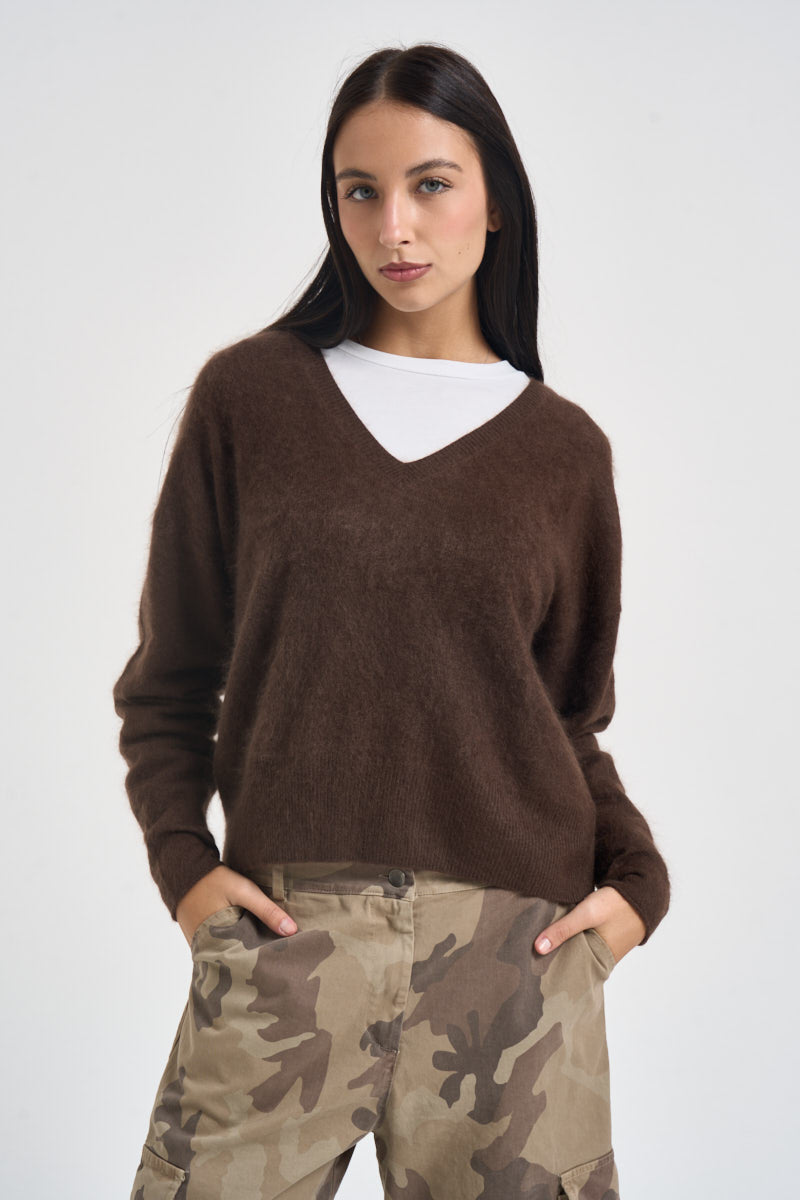 Maglia donna con scollo a V marrone B40D0215 MORO SOUVENIR CLUBBING 