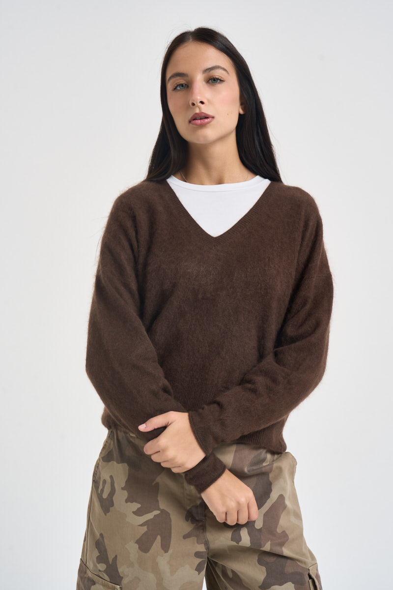 Maglia donna con scollo a V marrone B40D0215 MORO SOUVENIR CLUBBING 
