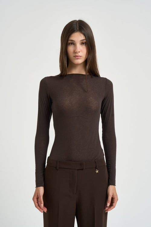Maglia donna con collo a barca marrone - 1