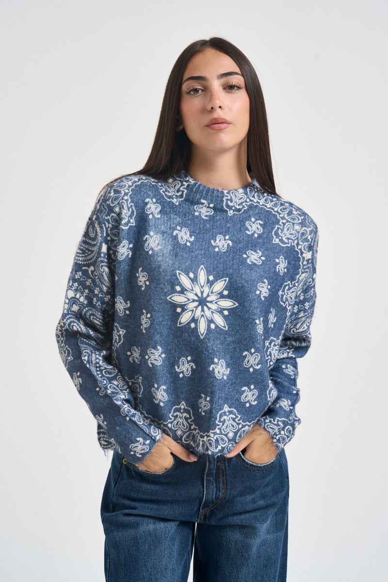 Maglia donna stampa bandana azzurra e bianca D40V0779 BLUE NAVY SOUVENIR CLUBBING 