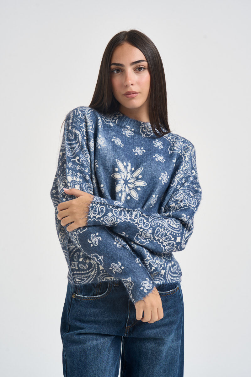 Maglia donna stampa bandana azzurra e bianca D40V0779 BLUE NAVY SOUVENIR CLUBBING 