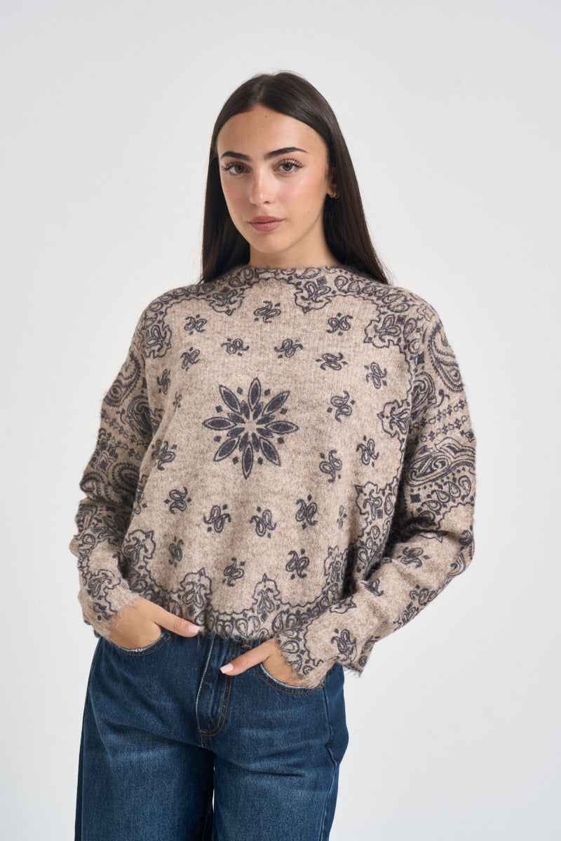 Maglia donna stampa bandana beige e grigia D40V0779 TAUPE SOUVENIR CLUBBING 